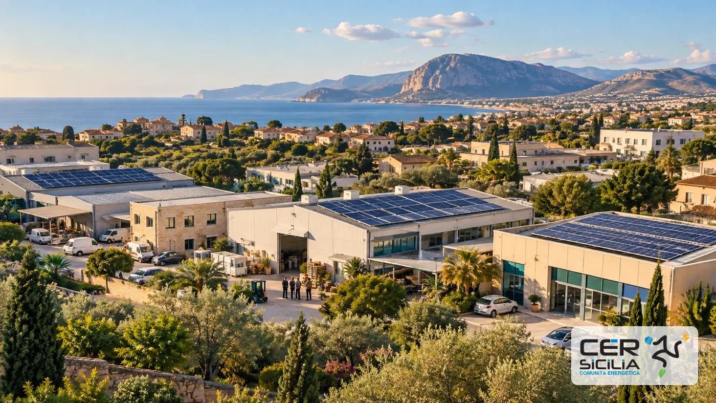 Area produttiva mediterranea con imprese e fotovoltaico integrato sui tetti.